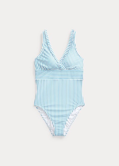 One-Piece Ralph Lauren Mujer Azules / Blancos - Ruffle-Trim Striped - CMYVO6543